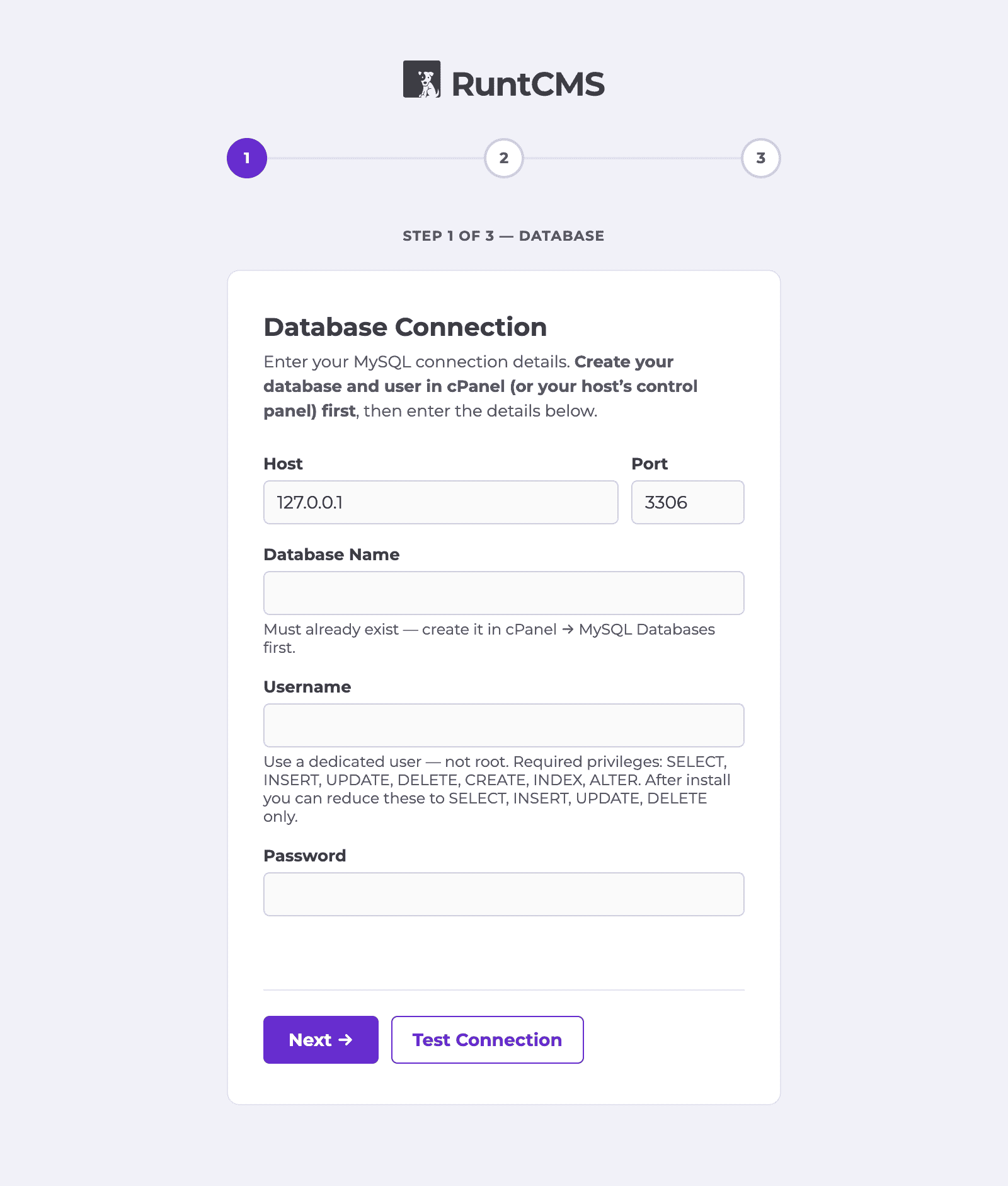 RuntCMS installation wizard — step 1, database credentials