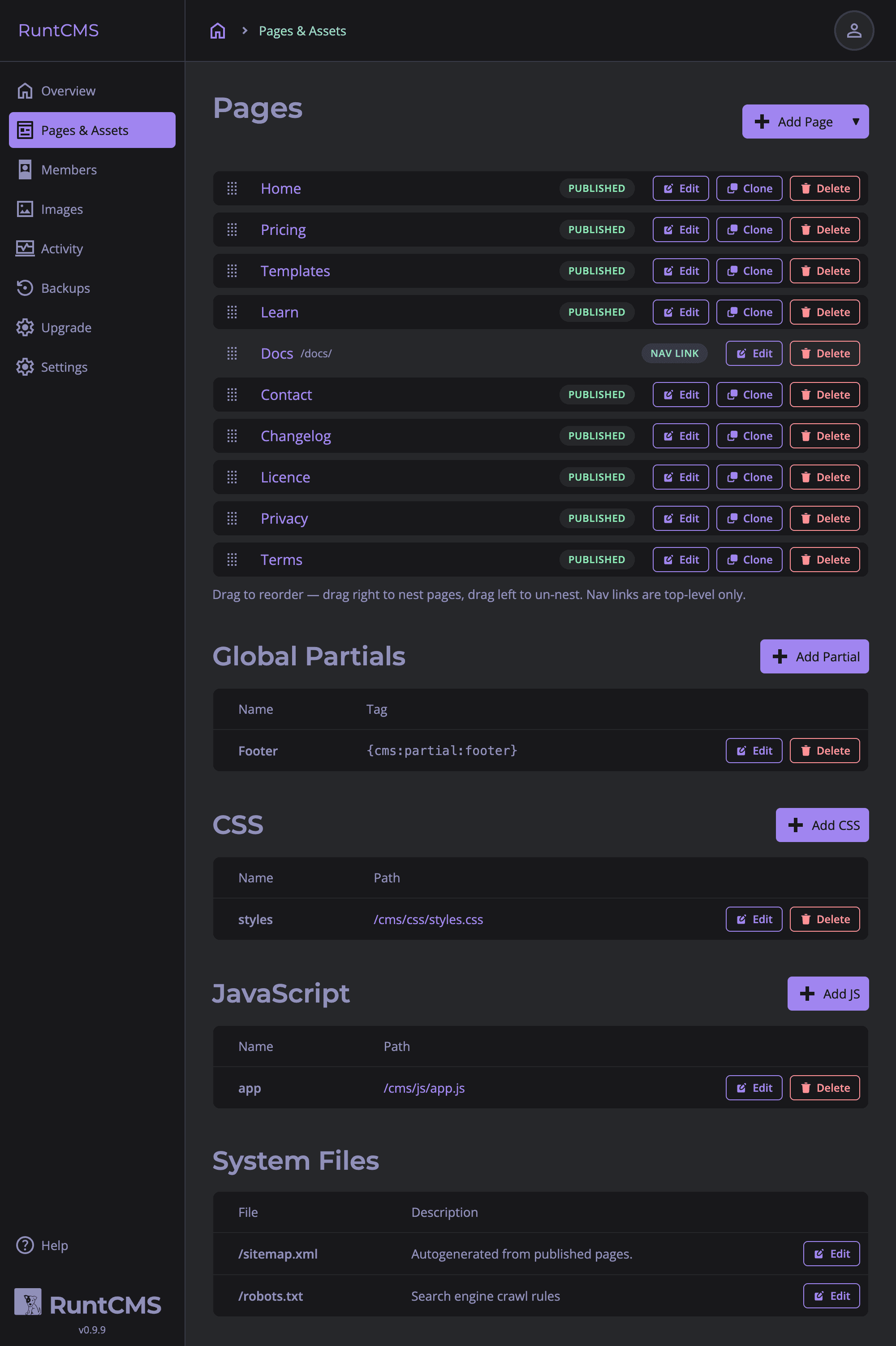 Pages list showing a tree of pages with drag-and-drop handles