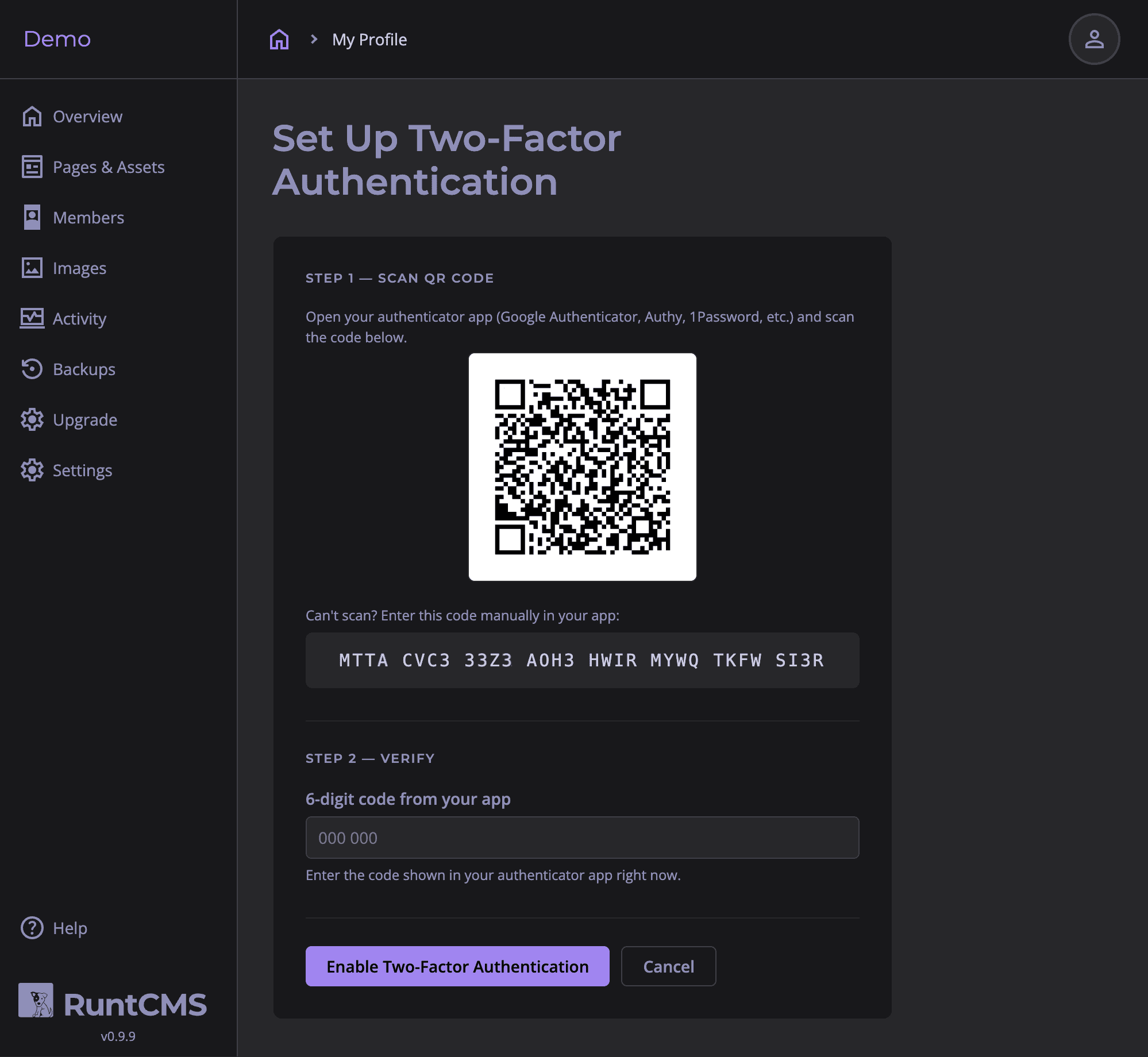 2FA setup page showing QR code and confirmation code input