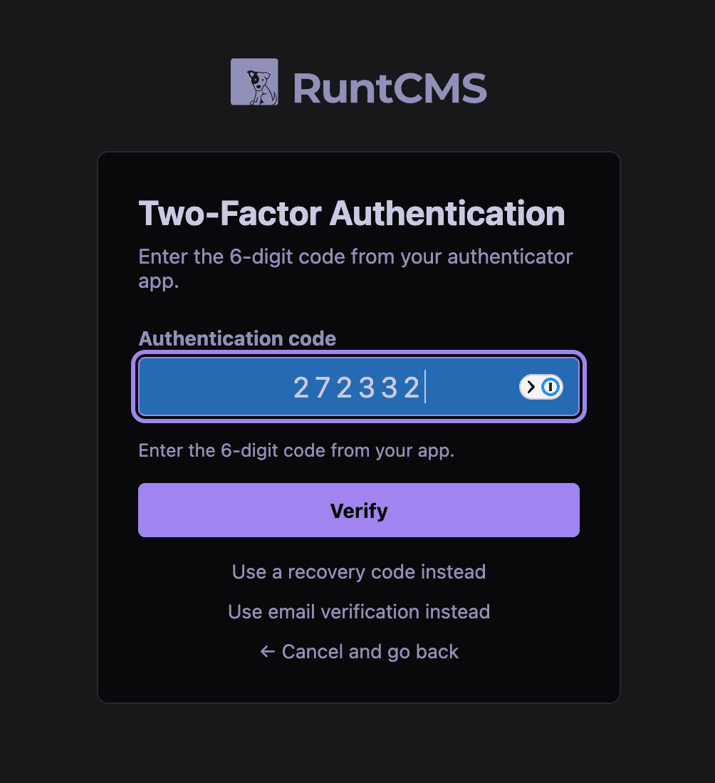 The 2FA code entry screen after password login