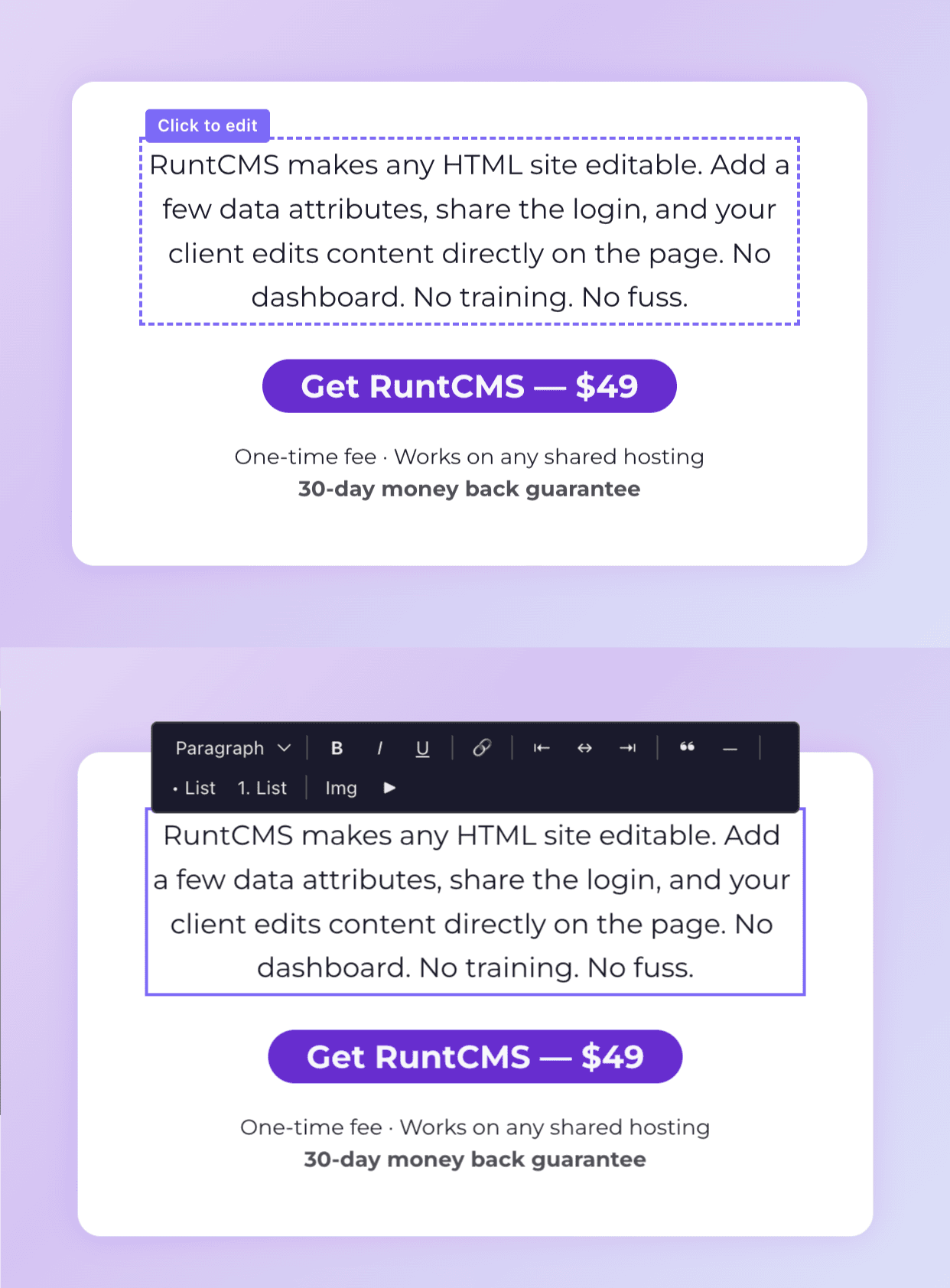 An active text region with the inline formatting toolbar above it