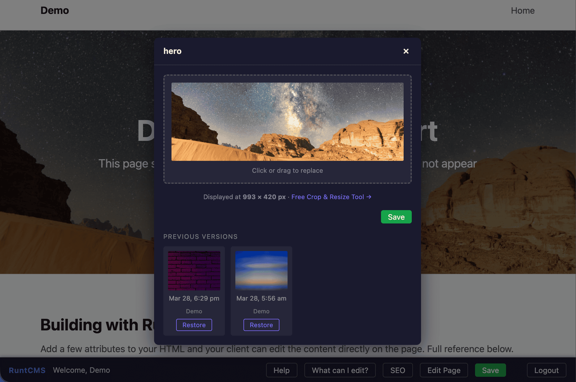 Image panel showing current image and previous versions with Restore buttons