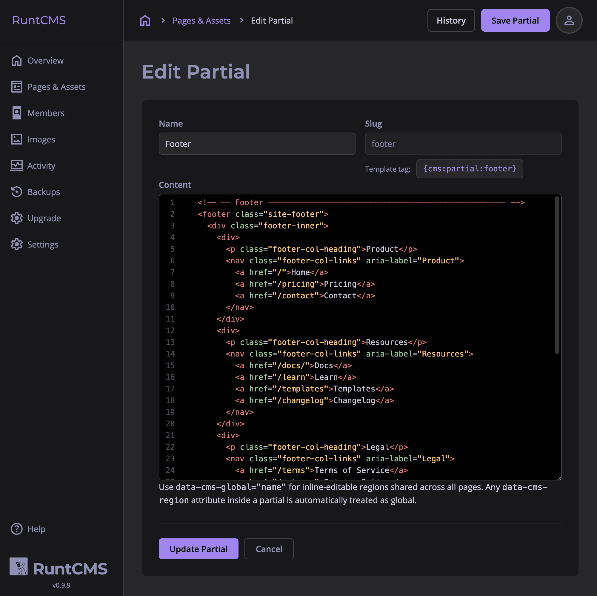 Partial editor with a CodeMirror HTML editor, slug field, and Save button
