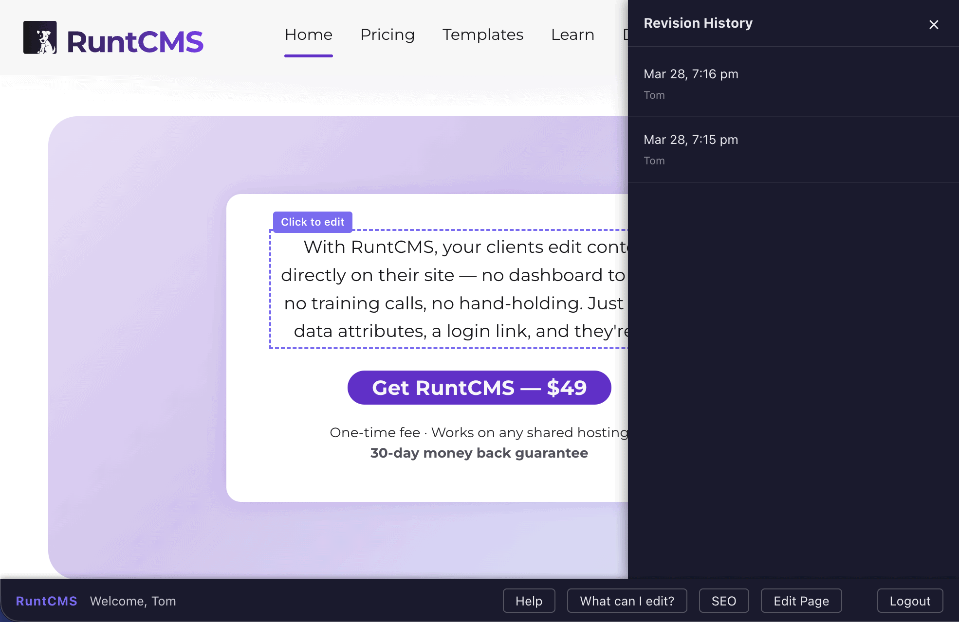 list of revisions on the right, content preview on the left